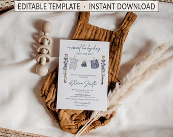 Blue Floral Baby Boy Shower Invitation, Editable Clothesline, Boy Baby Clothes Design, Corjl Template, Instant Download