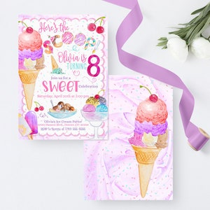 Op de afbeelding: Roze en paarse ijshoorn verjaardagsuitnodiging met de tekst "Here's the scoop Olivia is turning 8 Sweet Celebration Saturday, April 20th at 2:00 pm Olivia's Ice Cream Parlor 12345 Hazel Blvd, Denver, CO 80000 RSVP to Bonnie at 720-555-0000"