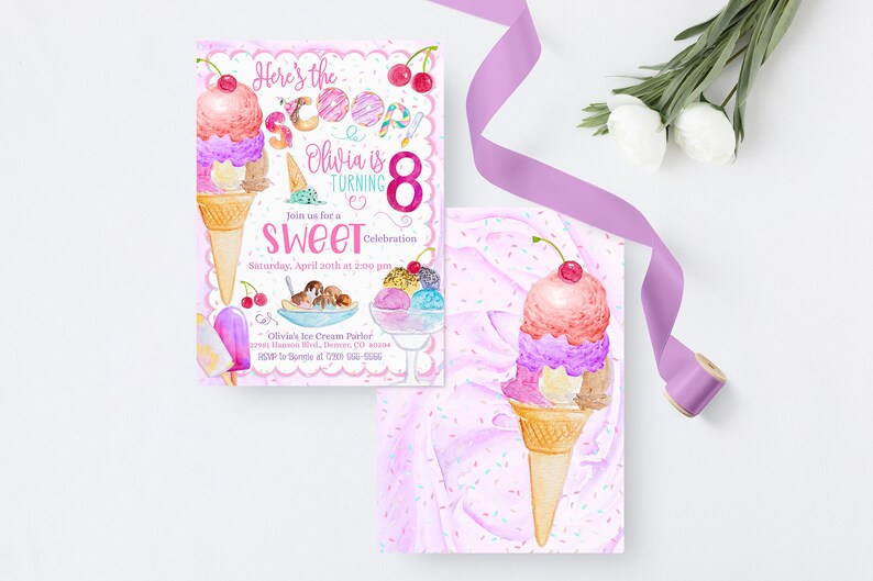 Op de afbeelding: Roze en paarse ijshoorn verjaardagsuitnodiging met de tekst "Here's the scoop Olivia is turning 8 Sweet Celebration Saturday, April 20th at 2:00 pm Olivia's Ice Cream Parlor 12345 Hazel Blvd, Denver, CO 80000 RSVP to Bonnie at 720-555-0000"