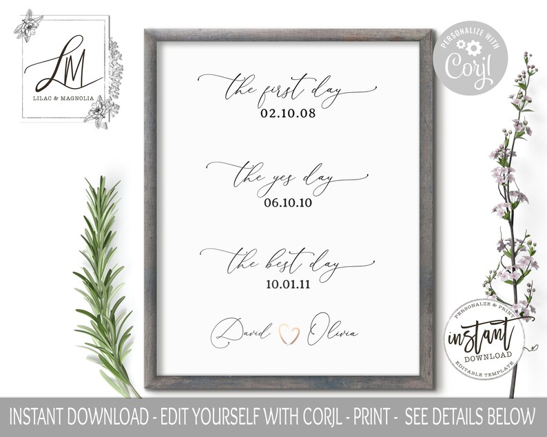 May include: Printable wall art with a gray frame and white background. The text reads "the first day 02.10.08", "the yes day 06.10.10", "the best day 10.01.11", and "David Olivia".