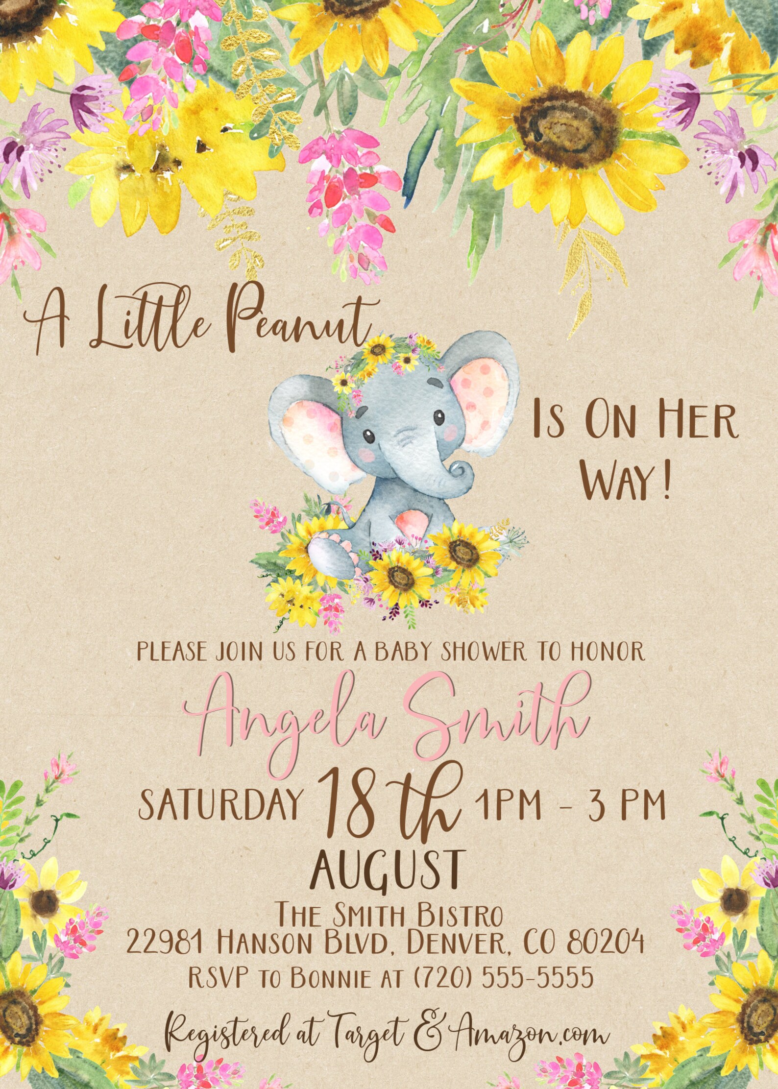 Sunflower Elephant Baby Shower Invitation Editable Template Etsy