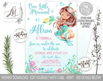 Mermaid Birthday Invitation, Little Mermaid Birthday Party Invite, Editable Girl Under the sea Birthday Template Printable Inivitation Corjl