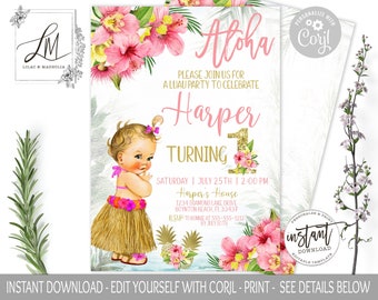 Aloha Hawaii Luau Birthday Invitation, Luau First Birthday Invitation, Hawaiian Invitation, Tropical Hula Girl Pink Gold 1st Birthday, Corjl