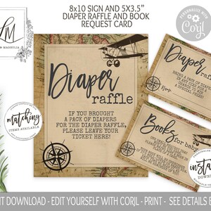 Adventure awaits baby shower Diaper Raffle, World map Vintage Airplane Travel Theme, Books for baby, Diaper Raffle Card, edit at Corjl