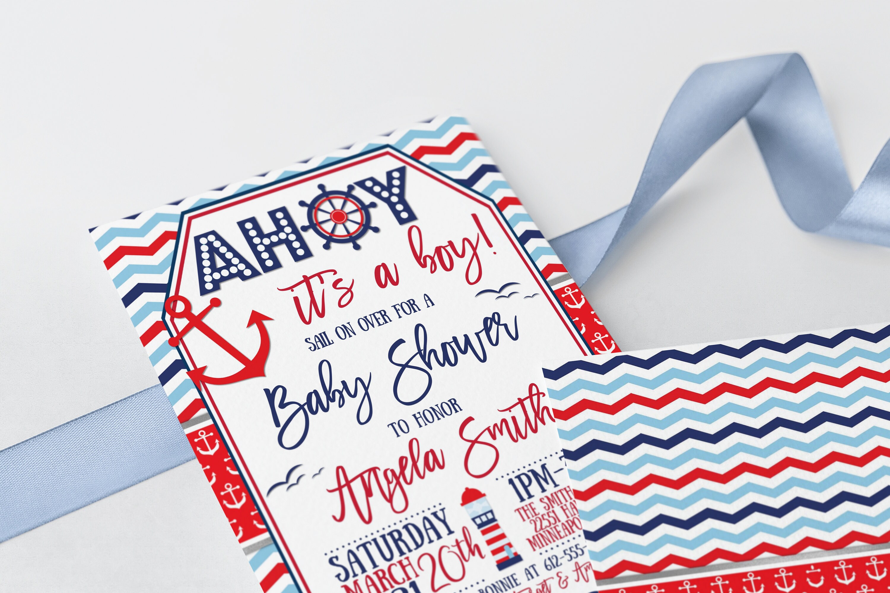 Nautical Baby Shower Invitation, Navy and Red, Ahoy Its A Boy, Editable