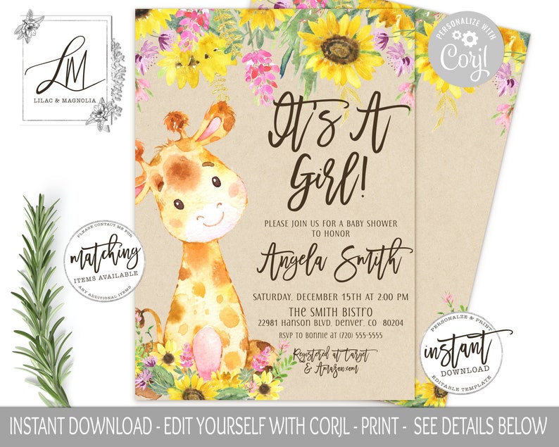 May include: A baby shower invitation with a watercolor illustration of a giraffe and sunflowers. The text reads "It's a Girl!" and includes the name "Angela Smith" and details for the event.