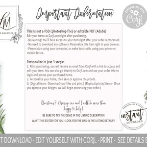 May include: A digital download graphic design template for a printable invitation or card. The template features a floral design with a light gray background and the text "Important Information" in a black handwritten font. The text "Personalize with Corjl" is in a gray circle with a gear icon.