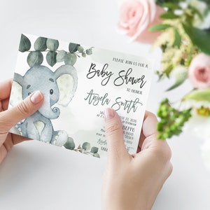 Eucalyptus Elephant Baby Shower Invitation Suite, Editable Template, Green Elephant, Invitation Printable, Greenery Baby Shower, Edit Corjl image 9