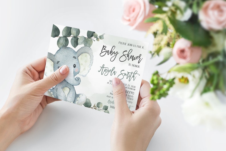 Eucalyptus Elephant Baby Shower Invitation Suite, Editable Template, Green Elephant, Invitation Printable, Greenery Baby Shower, Edit Corjl image 9