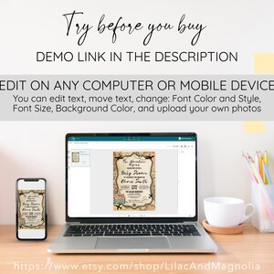 May include: A laptop and a smartphone displaying a travel-themed baby shower invitation with a vintage map background. The invitation text reads "The Adventure Begins" and "Baby Shower Olivia Smith".