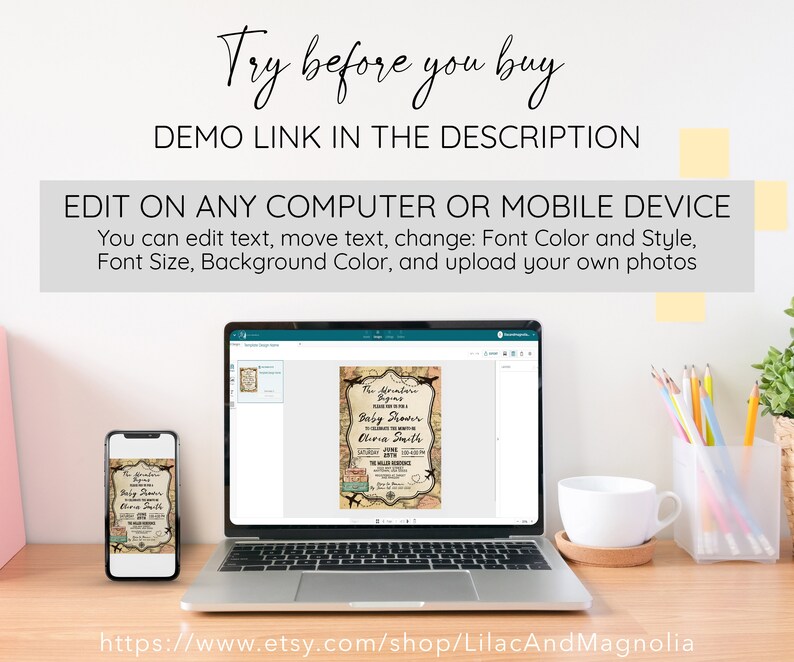 May include: A laptop and a smartphone displaying a travel-themed baby shower invitation with a vintage map background. The invitation text reads "The Adventure Begins" and "Baby Shower Olivia Smith".