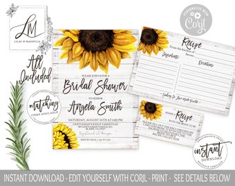 Sunflower Bridal Shower Invitation Suite: Rustic Recipe Card (Corjl DIY)