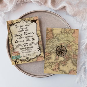 May include: A vintage-style baby shower invitation with a map background and airplanes. The text reads "The Adventure Begins" and "Please join us for a Baby Shower to celebrate the Mom-to-be Olivia Smith". The date is Saturday, June 25th, 1:00-4:00 PM at The Miller Residence.
