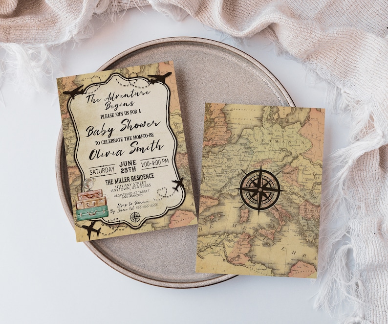 May include: A vintage-style baby shower invitation with a map background and airplanes. The text reads "The Adventure Begins" and "Please join us for a Baby Shower to celebrate the Mom-to-be Olivia Smith". The date is Saturday, June 25th, 1:00-4:00 PM at The Miller Residence.