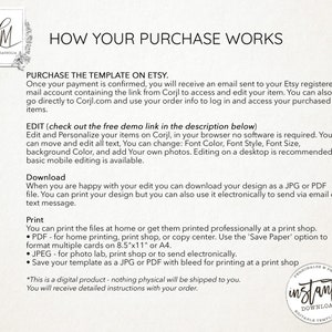 Peut inclure: Comment fonctionne votre achat sur Etsy. Instructions pour &eacute;diter et t&eacute;l&eacute;charger un mod&egrave;le num&eacute;rique. Vous pouvez &eacute;diter le mod&egrave;le &agrave; l'aide de Corjl, un &eacute;diteur Web, et le t&eacute;l&eacute;charger au format JPG ou PDF. Vous pouvez imprimer les fichiers &agrave; la maison ou dans une imprimerie.