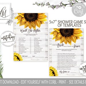 Sunflower Bridal Shower Games Set, Template, Printable Bridal Shower ...