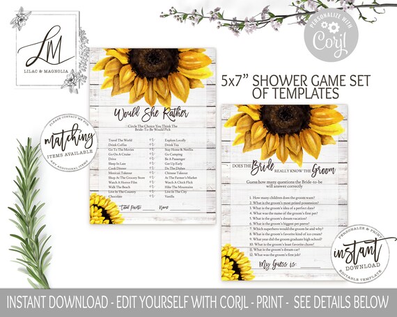 Sunflower Bridal Shower Games Set Template Printable Bridal - Etsy