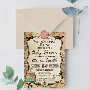 May include: A vintage-style baby shower invitation with a world map background. The text reads "The Adventure Begins" and includes details about the event, including the date, time, and location. The invitation also features a pink wax seal and a stack of suitcases.