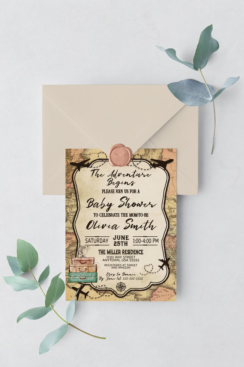 May include: A vintage-style baby shower invitation with a world map background. The text reads "The Adventure Begins" and includes details about the event, including the date, time, and location. The invitation also features a pink wax seal and a stack of suitcases.