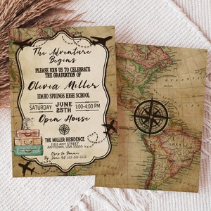 May include: An invitation to a graduation open house with a vintage world map background. The text reads "The Adventure Begins" and "Please join us to celebrate the graduation of Olivia Miller, Idaho Springs High School, Saturday June 25th, 1:00-4:00 PM, Open House, The Miller Residence, 11111 Any Street, Anytown, USA 55555, RSVP to Bonnie by June 1st 555-555-5555".