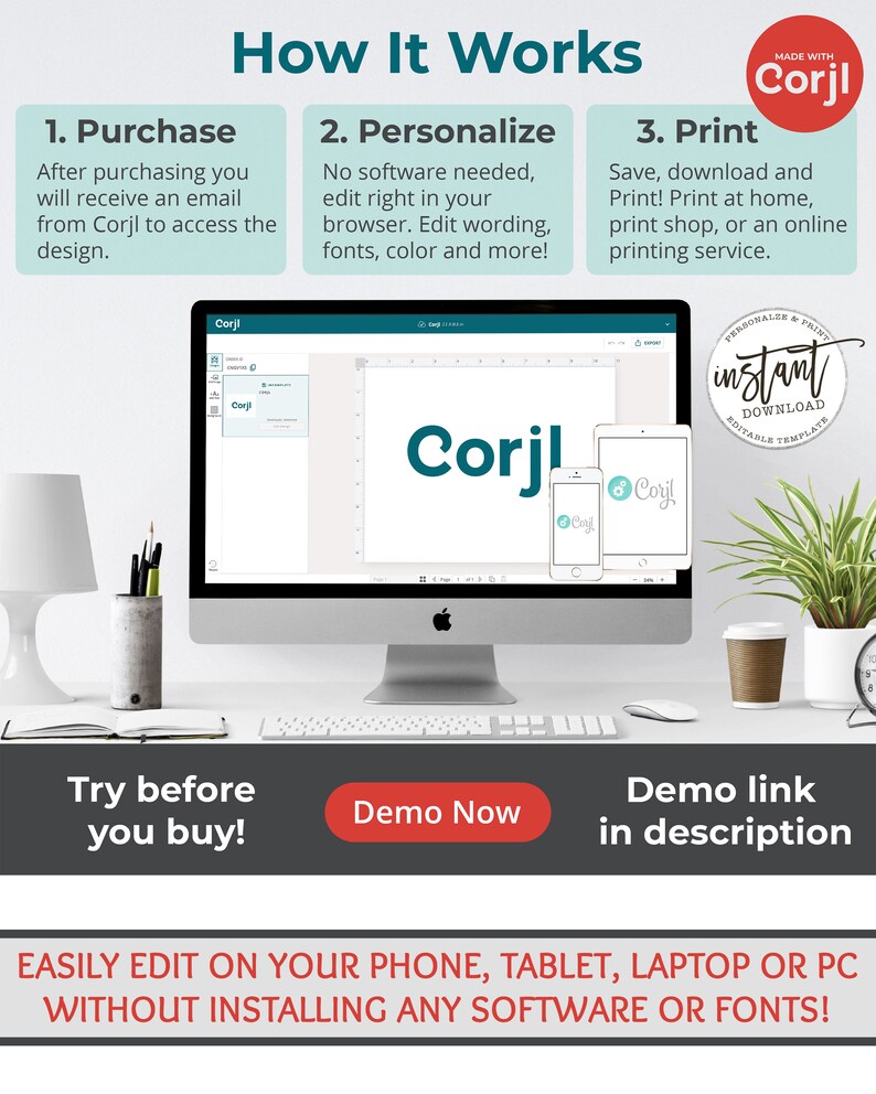 May include: A computer screen displays the Corjl logo and editing interface, with a smartphone and tablet showing the same design. The image includes the text "How It Works" and instructions for purchasing, personalizing, and printing.