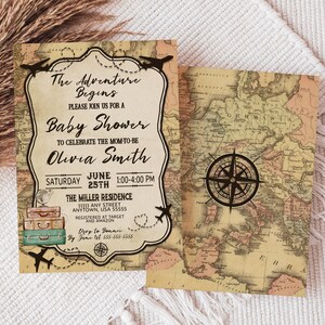 May include: A vintage-style baby shower invitation with a map background, airplanes, and luggage. The text reads "The Adventure Begins" and "Baby Shower to Celebrate the Mom-to-Be Olivia Smith". The date and time are June 25th, 1:00-4:00 PM. The location is The Miller Residence, 1111 Any Street, Anytown, USA 55555. The invitation also includes a compass and the text "Registered at Target and Amazon".