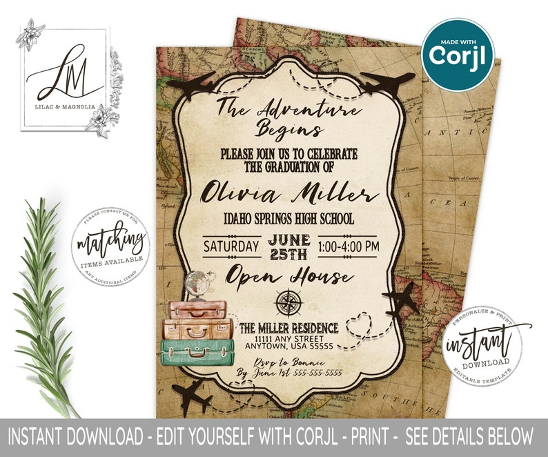 May include: A vintage-style graduation invitation with a world map background. The invitation features a compass, airplanes, and suitcases. The text reads "The Adventure Begins" and "Olivia Miller" with the date "June 25th" and the time "1:00-4:00 PM".