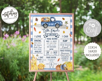 Boy 1st Birthday Milestone Sign: Blue Truck Pumpkin Patch (Editable Corjl Template)