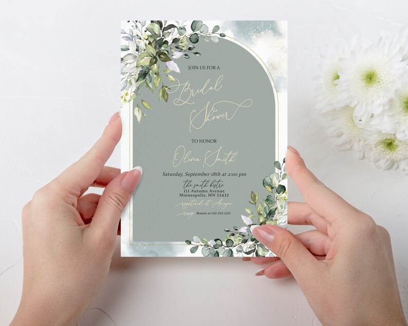 May include: A green and white floral bridal shower invitation with a gold arch and the text "Join us for a Bridal Shower to honor Olivia Smith" and details for the event.