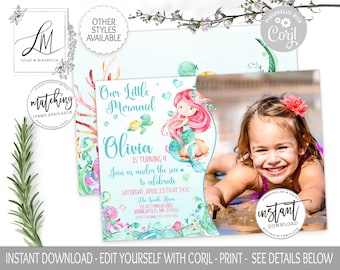 Mermaid Birthday Invitation, Little Mermaid Birthday Photo Invite, Editable Under the sea Birthday Template Printable, Girl Birthday, Corjl