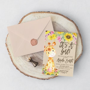 May include: A baby shower invitation with a watercolor illustration of a giraffe and sunflowers. The text reads "It's a Girl!" and includes the name "Angela Smith" and the date and time of the event.