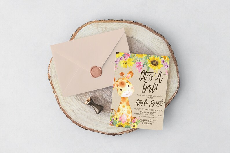 May include: A baby shower invitation with a watercolor illustration of a giraffe and sunflowers. The text reads "It's a Girl!" and includes the name "Angela Smith" and the date and time of the event.