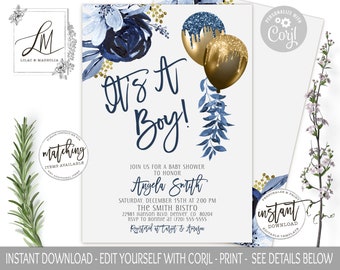 Navy & Gold Balloon Baby Shower Invitation (Instant Download)