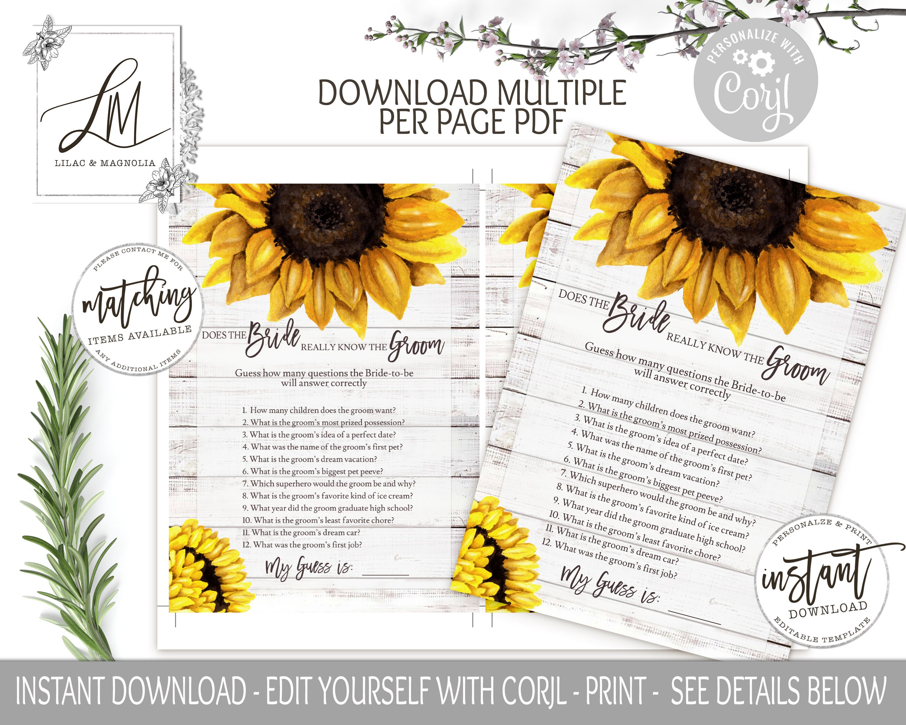 Sunflower Bridal Shower Games Set Template Printable Bridal - Etsy