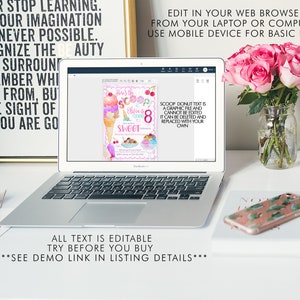 Op de afbeelding: Bewerkbare digitale uitnodiging voor een ijsjes-thema verjaardagsfeest. De uitnodiging heeft een roze en witte achtergrond met een cartoon ijshoorn en de tekst "Here's the scoop! Olivia is turning 8!" en "Sweet!"