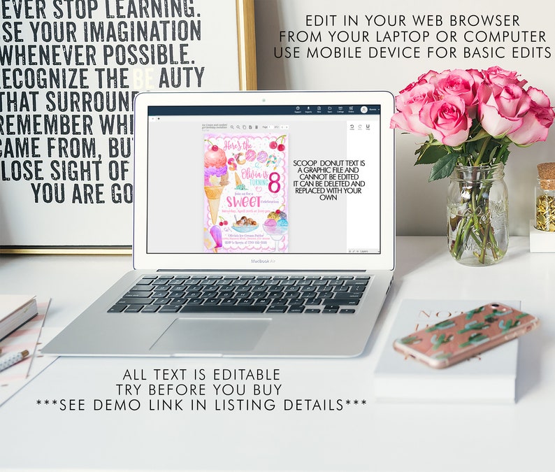 Op de afbeelding: Bewerkbare digitale uitnodiging voor een ijsjes-thema verjaardagsfeest. De uitnodiging heeft een roze en witte achtergrond met een cartoon ijshoorn en de tekst "Here's the scoop! Olivia is turning 8!" en "Sweet!"