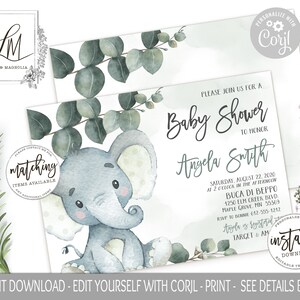 Eucalyptus Elephant Baby Shower Invitation Template, Instant Download, Green Elephant, Invitation Printable, Greenery Baby Shower, Corjl