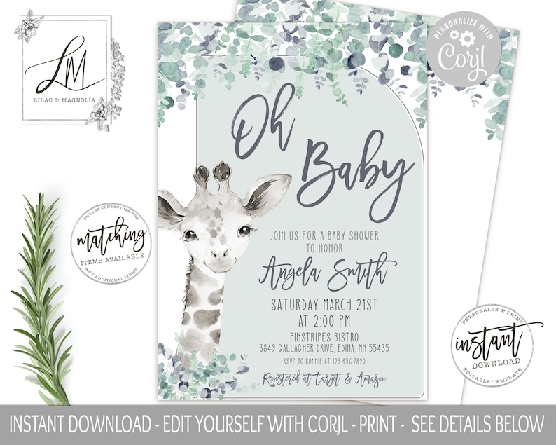 Giraffe Baby Shower Invitation Template Giraffe Black and - Etsy