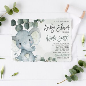 Eucalyptus Elephant Baby Shower Invitation Suite, Editable Template, Green Elephant, Invitation Printable, Greenery Baby Shower, Edit Corjl image 10