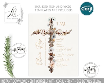 Editable Floral Cross Baptism Template, Personalized Corjl Design, Christian Keepsake with Scripture Affirmations, Boho Floral Cross Baptism