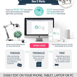 May include: A graphic showing how to use the Corjl online tool to personalize and print designs. The graphic shows a computer screen, a tablet, and a phone, all displaying a design with the text "Corjl". The graphic also includes text explaining the steps involved in purchasing, personalizing, and printing designs.