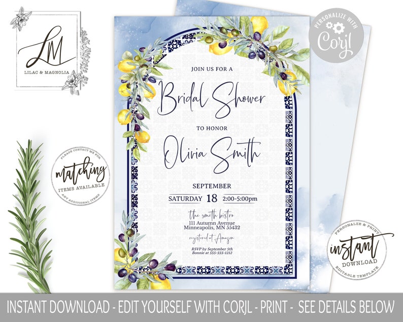 May include: A bridal shower invitation with a watercolor design. The invitation features a floral arch of lemons and olives, with text that reads "Join us for a Bridal Shower to Honor Olivia Smith." The invitation is in shades of blue and white.