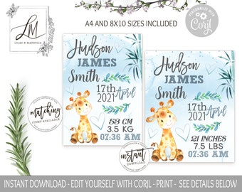 Giraffe Baby Shower Birth Stats Template, Editable Nursery Sign, Printable Sign, Safari Baby Shower, Birth Stat Instant Download, Edit Corjl