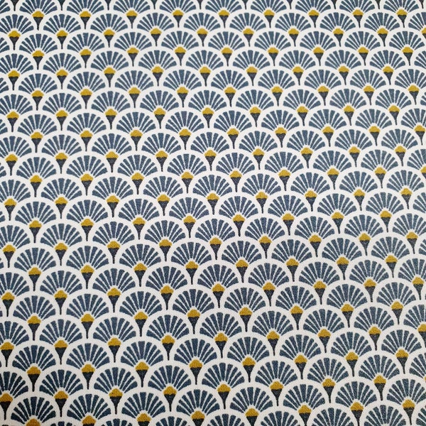 toile cirée éventail bleu moutarde coton moutarde enduite jaune