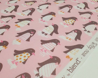 Cotton Penguins Blend Fabric Snow Days pink white