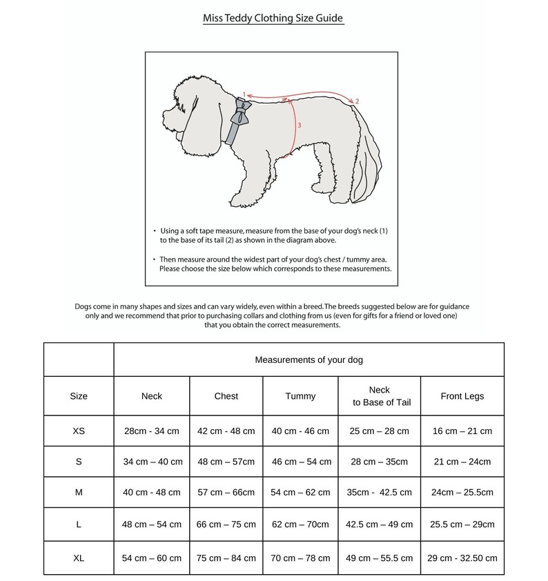 May include: A size chart for dog clothing, showing measurements for neck, chest, tummy, neck to base of tail, and front legs. The chart includes sizes XS, S, M, L, and XL, with measurements in centimeters.