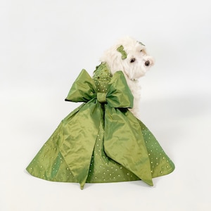 May include: A white dog wearing a green, sequined, taffeta dress with a large bow in the front.