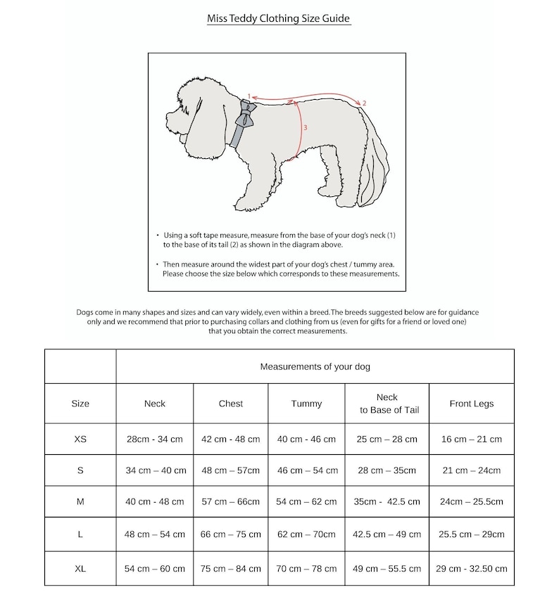 Puede incluir: Una tabla de tallas para ropa de perro, que muestra las medidas del cuello, el pecho, la barriga, el cuello hasta la base de la cola y las patas delanteras. La tabla incluye las tallas XS, S, M, L y XL, con medidas en cent&iacute;metros.