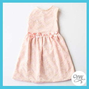 May include: A sleeveless pink lace dress with a satin ribbon tied in a bow at the waist.