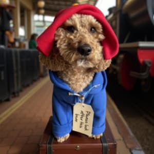 Puede incluir: Un perro con un sombrero rojo y un abrigo azul con capucha, de pie sobre una maleta marrón. Una etiqueta en el abrigo dice: "Please look after this bear."